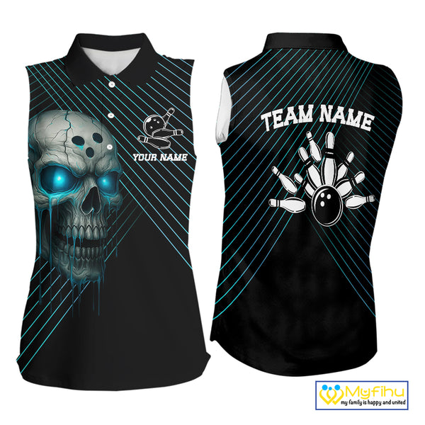Black and Blue Skull Bowling sleeveless Polo shirt Custom Bowling Team Jerseys Outfits NQS10171
