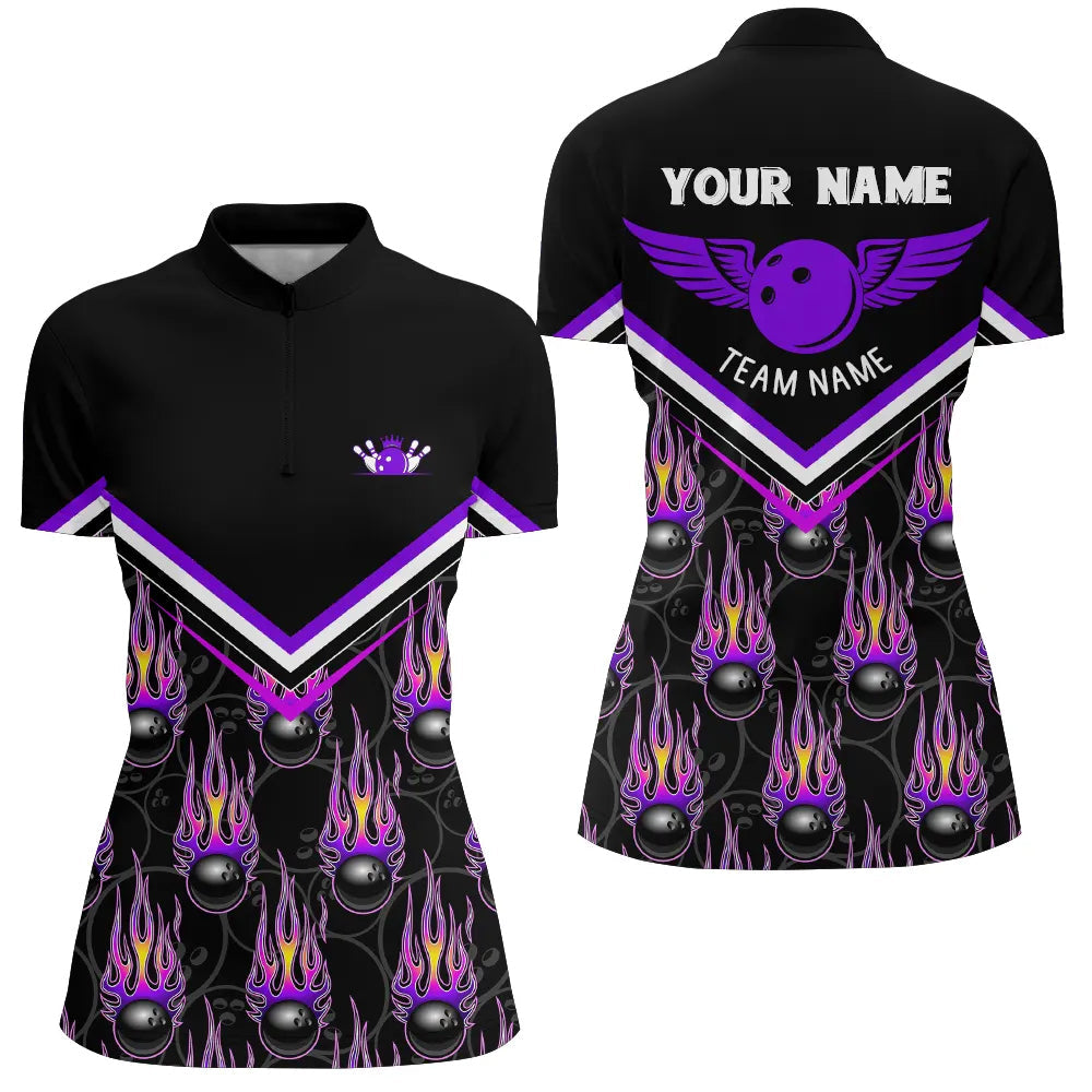 Personalized team bowling Quarter Zip shirts for women, black flame bowling ball jerseys | Purple NQS6010
