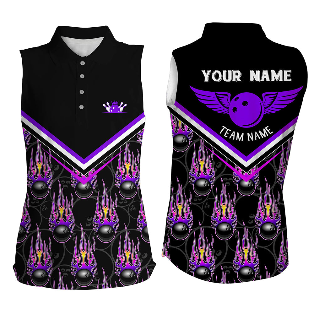 Personalized team bowling sleeveless polo shirts for women, black flame bowling ball jerseys | Purple NQS6010