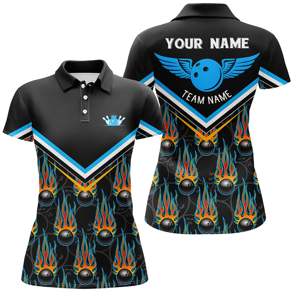 Personalized 3D team bowling polo shirts for women, Custom black flame bowling ball jerseys for bowler NQS6011