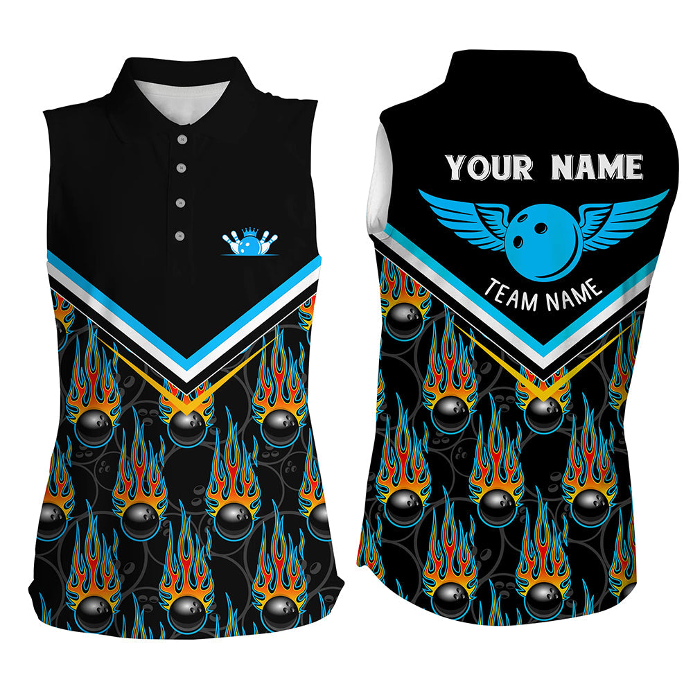 Personalized 3D team bowling sleeveless polo shirts for women, custom black flame bowling ball jerseys NQS6011