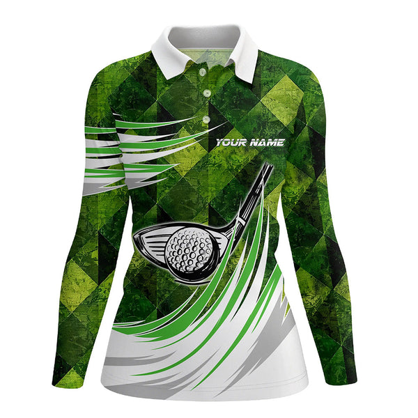 Green argyle pattern golf ball clubs Women golf polo shirt custom female golf outfit, gifts for golfer NQS8112