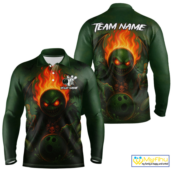 Custom Halloween Bowling Shirt For Men Green Flame Skull, personalized bowling shirts for team bowler NQS10312