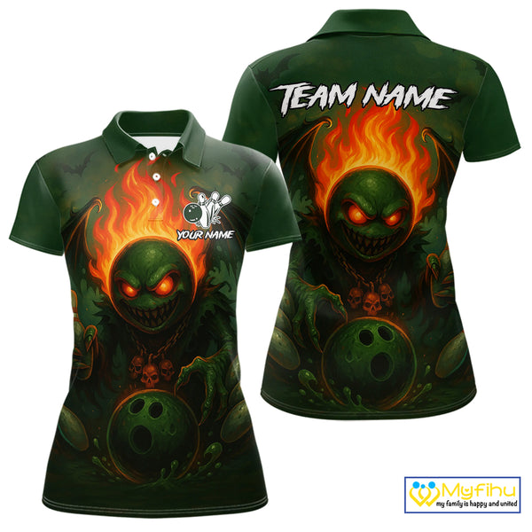 Custom Halloween Bowling Shirt For Women Green Flame Skull, personalized bowling shirts for team NQS10312