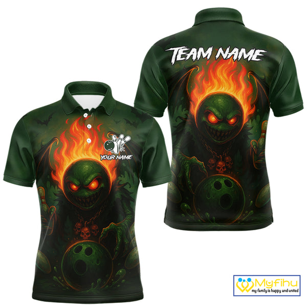 Custom Halloween Bowling Shirt For Men Green Flame Skull, personalized bowling shirts for team bowler NQS10312