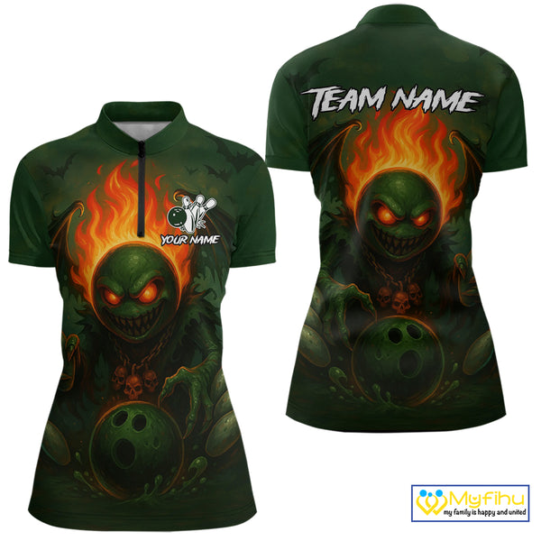 Custom Halloween Bowling Shirt For Women Green Flame Skull, personalized bowling shirts for team NQS10312