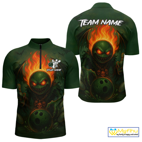 Custom Halloween Bowling Shirt For Men Green Flame Skull, personalized bowling shirts for team bowler NQS10312