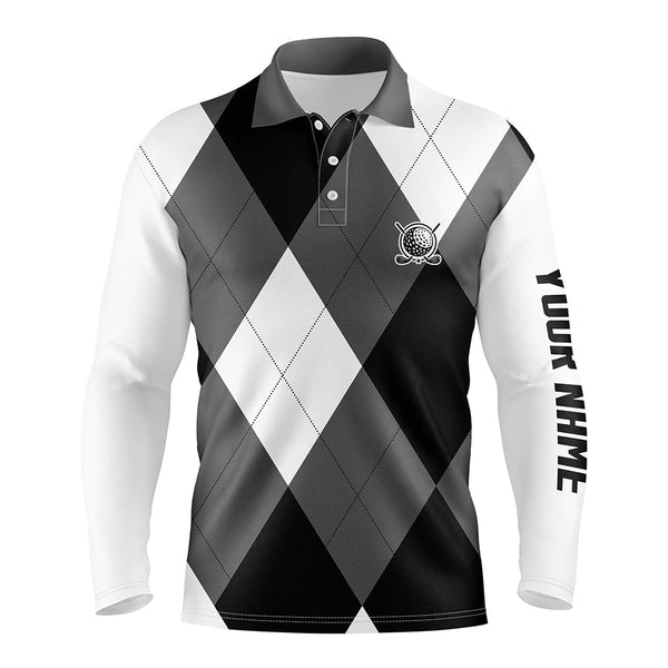 Mens golf polos shirts custom name black and white golf pattern, personalized golf gifts NQS6454
