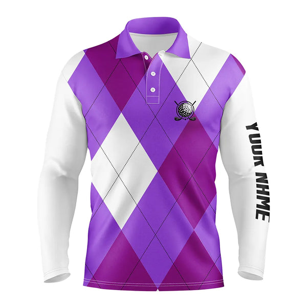 Mens golf polos shirts custom purple and white golf argyle plaid pattern, personalized golf gifts NQS6456