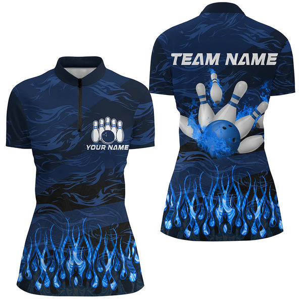 Bowling polo, quarter zip shirts for women Custom Blue camo Flame Bowling Team League Jerseys NQS8548