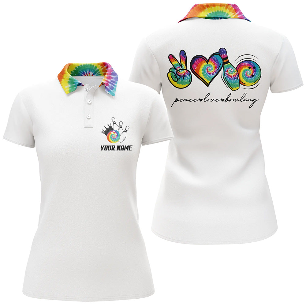Colorful tie dye peace love bowling custom white Bowling Polo shirt for women, team bowling shirts NQS6693
