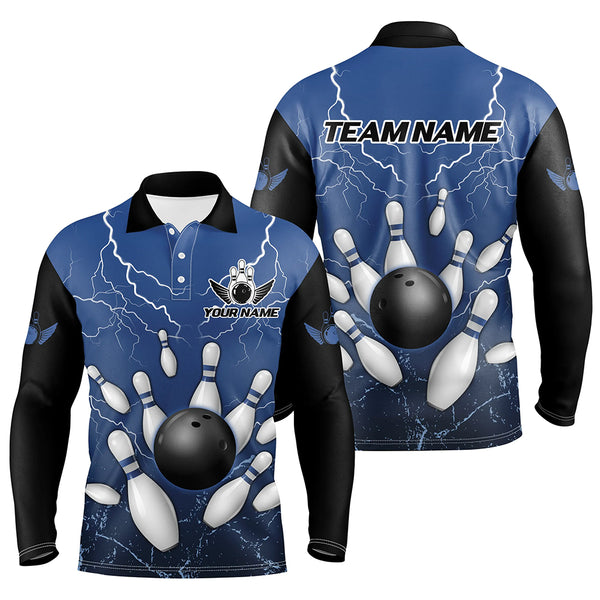 Black and Blue Grunge Lightning Thunder Bowling Polo, 1/4 Zip Shirt For Men Custom Bowling Team Jersey NQS8793