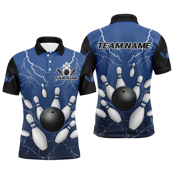 Black and Blue Grunge Lightning Thunder Bowling Polo, 1/4 Zip Shirt For Men Custom Bowling Team Jersey NQS8793