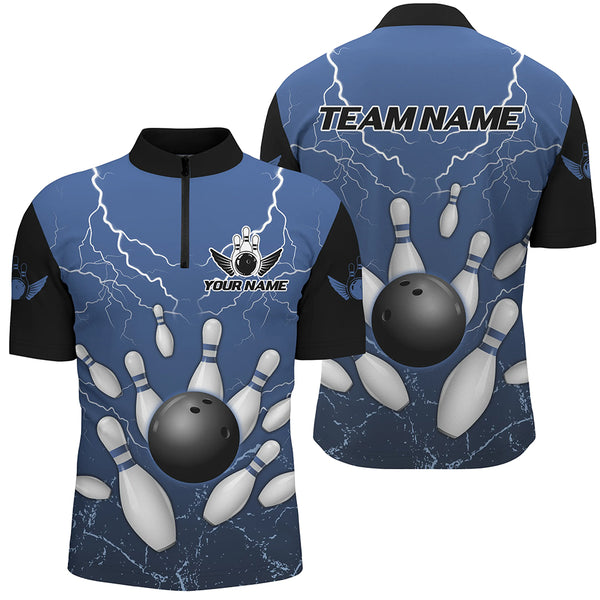 Black and Blue Grunge Lightning Thunder Bowling Polo, 1/4 Zip Shirt For Men Custom Bowling Team Jersey NQS8793