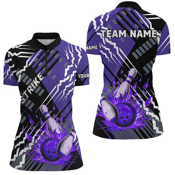 Black And Purple Strike Womens Bowling polo, quarter zip shirts Custom Bowling Jerseys For Bowlers NQS7675