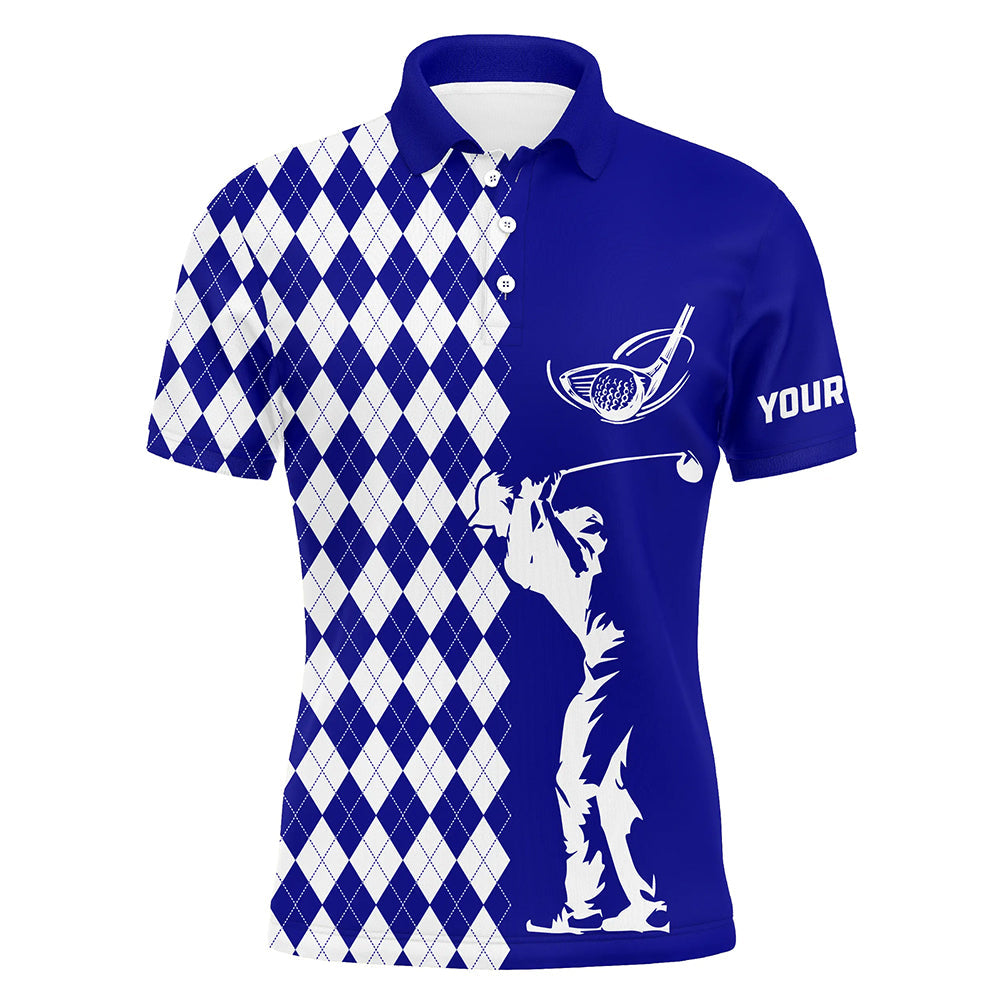 Personalized white argyle plaid pattern Mens golf polo shirts, custom Blue golf tops for mens NQS7907