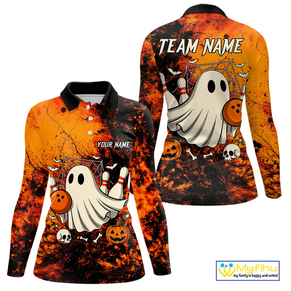 Custom Orange Boo Bowling Women Polo, Quarter Zip Shirts Bowling League Team Jersey Halloween Outfits NQS10523