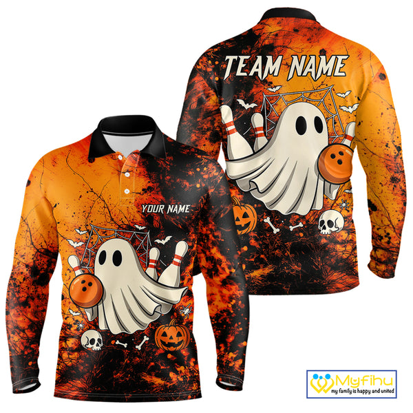 Custom Orange Boo Bowling Men Polo, Quarter Zip Shirts Bowling League Team Jerseys Halloween Outfits NQS10523