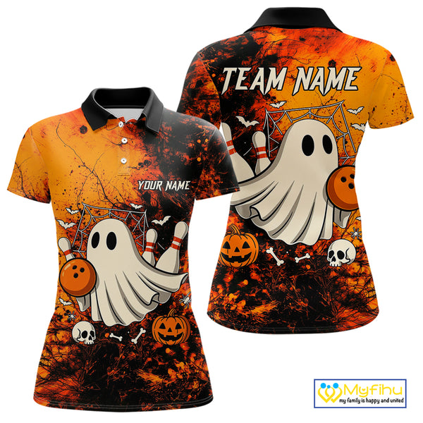 Custom Orange Boo Bowling Women Polo, Quarter Zip Shirts Bowling League Team Jersey Halloween Outfits NQS10523