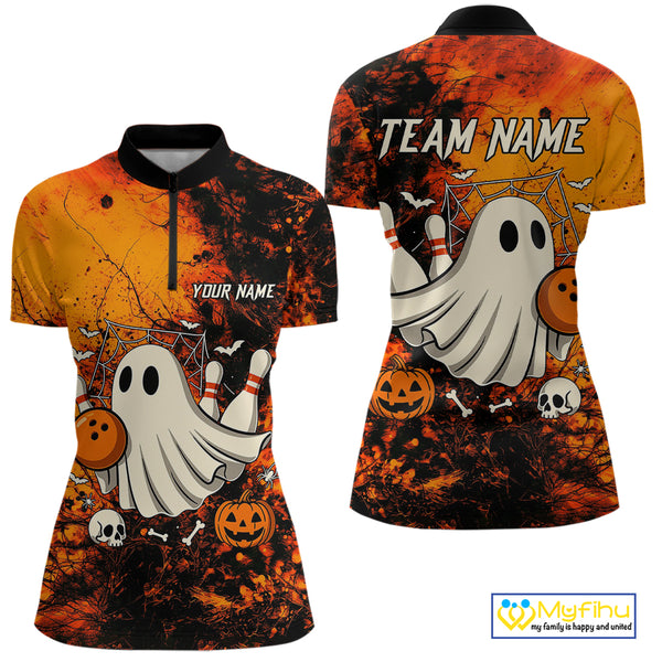 Custom Orange Boo Bowling Women Polo, Quarter Zip Shirts Bowling League Team Jersey Halloween Outfits NQS10523