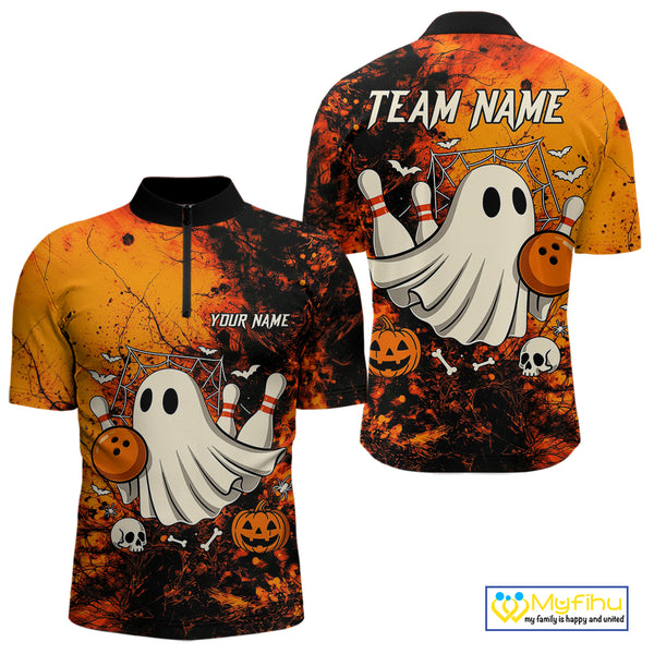 Custom Orange Boo Bowling Men Polo, Quarter Zip Shirts Bowling League Team Jerseys Halloween Outfits NQS10523