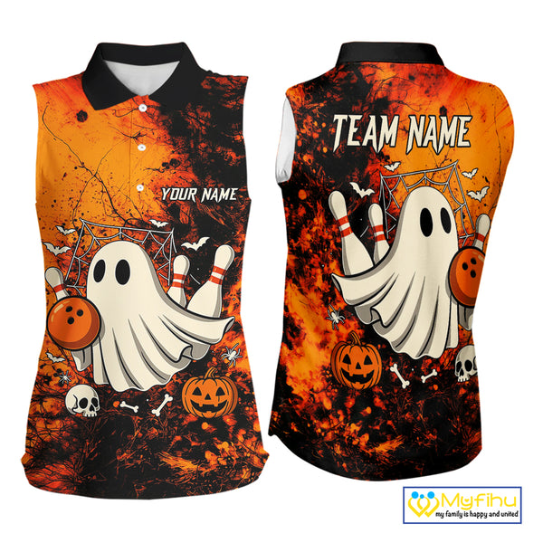 Custom Orange Boo Bowling Women Sleeveless Polo Shirt Bowling League Team Jersey Halloween Outfits NQS10523