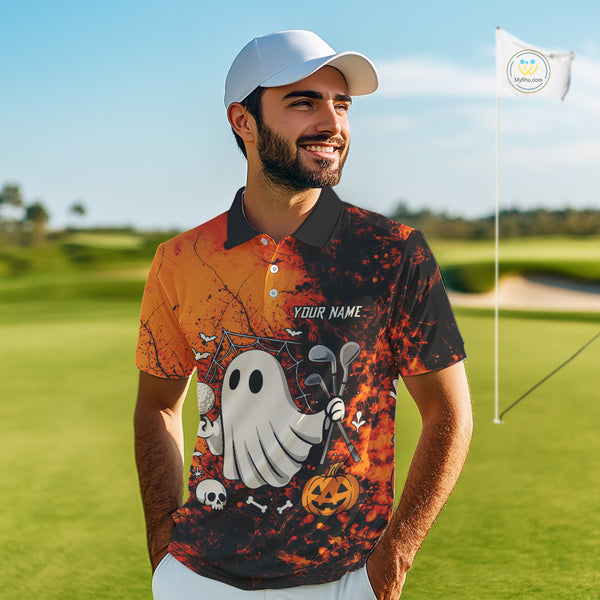 Custom Orange Halloween Boo Golf Polo Shirts for Men, Halloween Mens Golf Outfits NQS10524