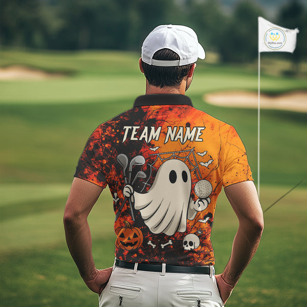 Custom Orange Halloween Boo Golf Polo Shirts for Men, Halloween Mens Golf Outfits NQS10524