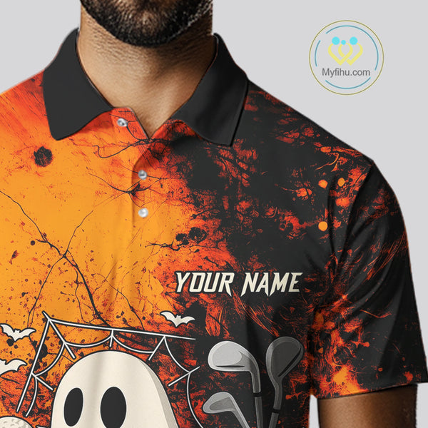 Custom Orange Halloween Boo Golf Polo Shirts for Men, Halloween Mens Golf Outfits NQS10524