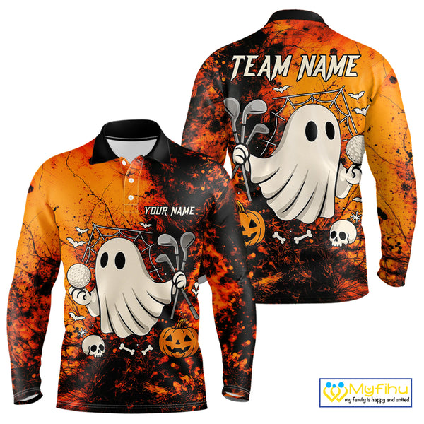 Custom Orange Halloween Boo Golf Polo Shirts for Men, Halloween Mens Golf Outfits NQS10524
