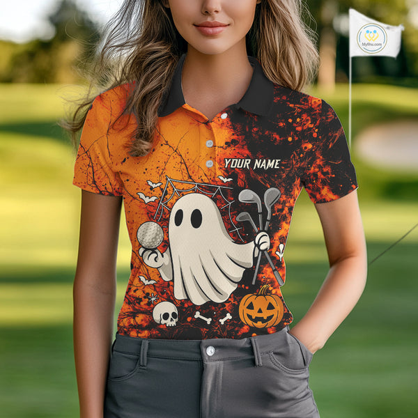 Custom Orange Halloween Boo Golf Polo Shirts for Women, Halloween Ladies Golf Outfits NQS10524