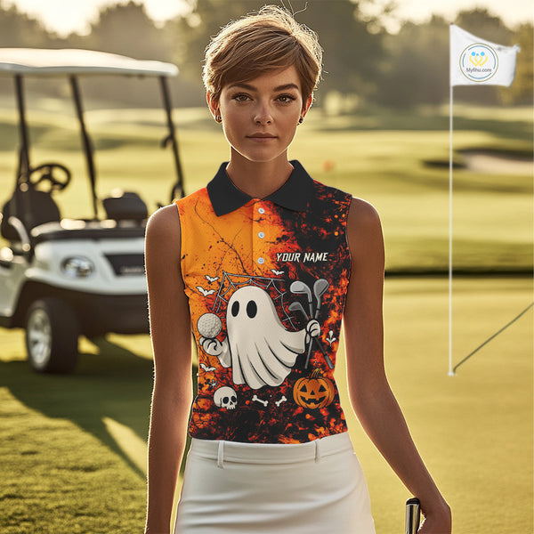Custom Orange Halloween Boo Sleeveless polo shirt for Women, Halloween Ladies Golf Outfits NQS10524