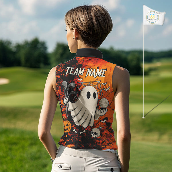 Custom Orange Halloween Boo Sleeveless polo shirt for Women, Halloween Ladies Golf Outfits NQS10524
