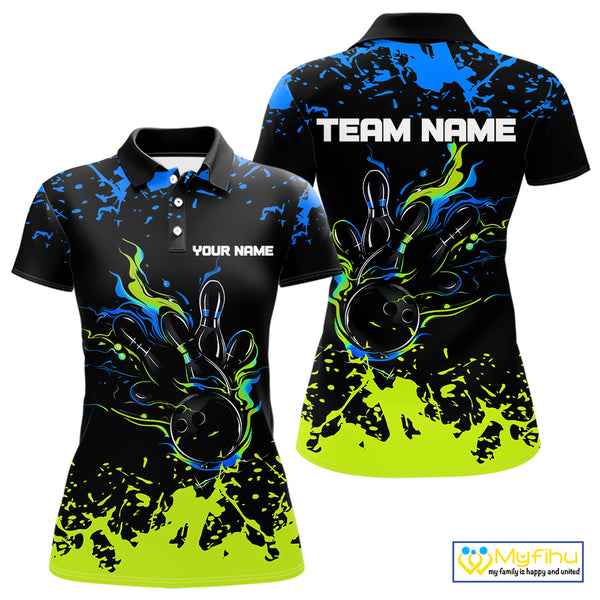 Personalized Black, Blue and Green Bowling Shirts For Women, Bowling Ball & Pins Bowling Team Shirts NQS10741