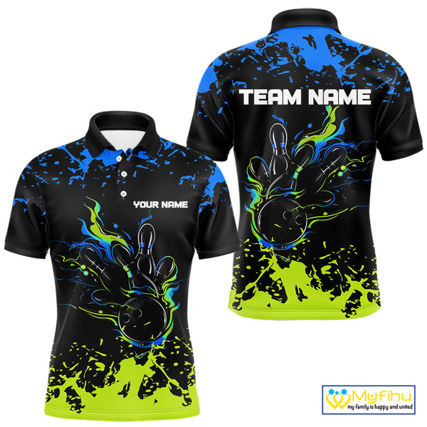 Personalized Black, Blue and Green Bowling Shirts For Men, Bowling Balls And Pins Bowling Team Shirts NQS10741
