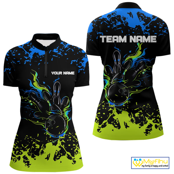 Personalized Black, Blue and Green Bowling Shirts For Women, Bowling Ball & Pins Bowling Team Shirts NQS10741
