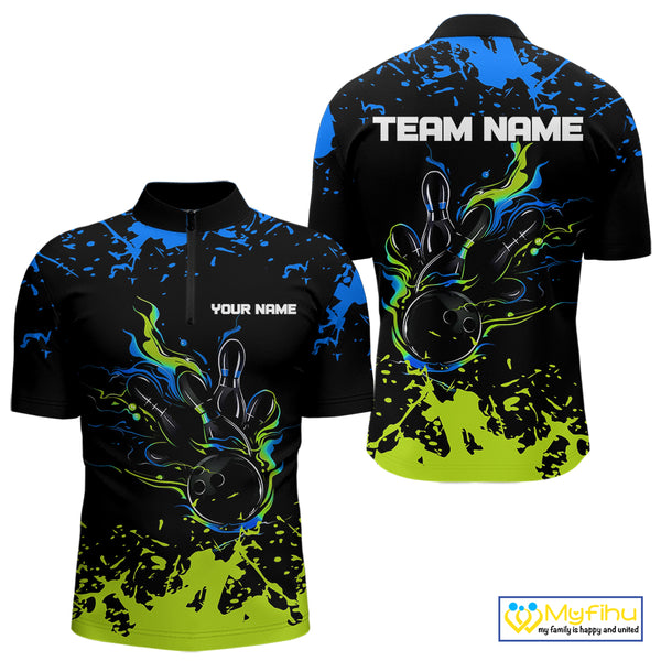 Personalized Black, Blue and Green Bowling Shirts For Men, Bowling Balls And Pins Bowling Team Shirts NQS10741
