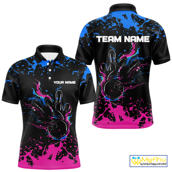Personalized Black, Blue and Pink Bowling Shirts For Men, Bowling Balls And Pins Bowling Team Shirts NQS10742