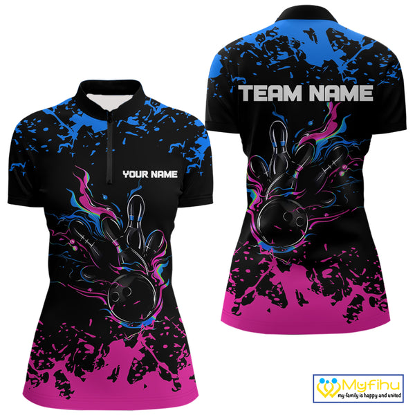 Personalized Black, Blue and Pink Bowling Shirts For Women, Bowling Ball & Pins Bowling Team Shirts NQS10742