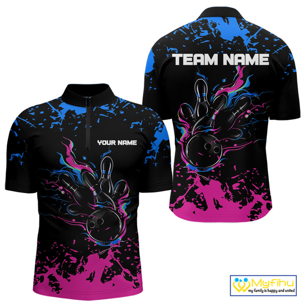 Personalized Black, Blue and Pink Bowling Shirts For Men, Bowling Balls And Pins Bowling Team Shirts NQS10742
