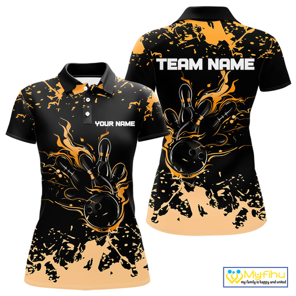 Personalized Black and Orange Bowling Shirts For Women, Bowling Balls And Pins Bowling Team Shirts NQS10743