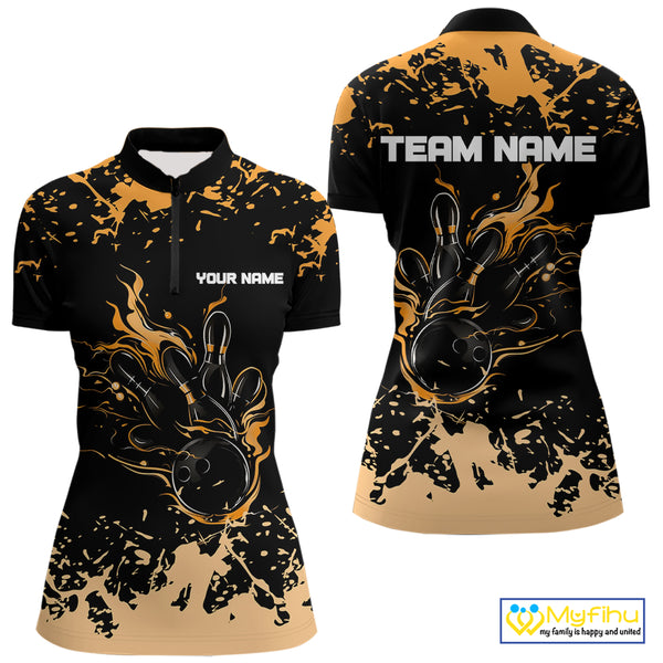 Personalized Black and Orange Bowling Shirts For Women, Bowling Balls And Pins Bowling Team Shirts NQS10743