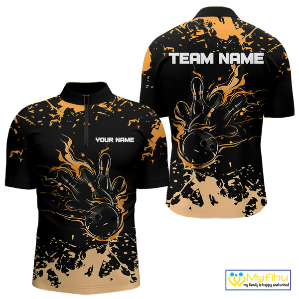 Personalized Black and Orange Bowling Shirts For Men, Bowling Balls And Pins Bowling Team Shirts NQS10743