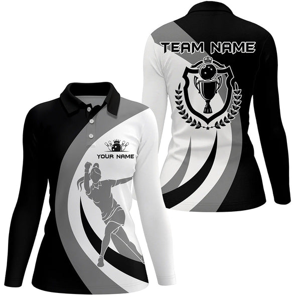 Black and white retro Bowling Polo Shirt For Women Bowling Jersey Custom Bowling League Team Shirt NQS6704