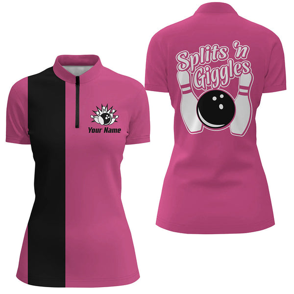 Splits 'n Giggles Bowling polo, 1/4 zip Shirt For Women Personalized Pink retro bowling Jerseys NQS9029