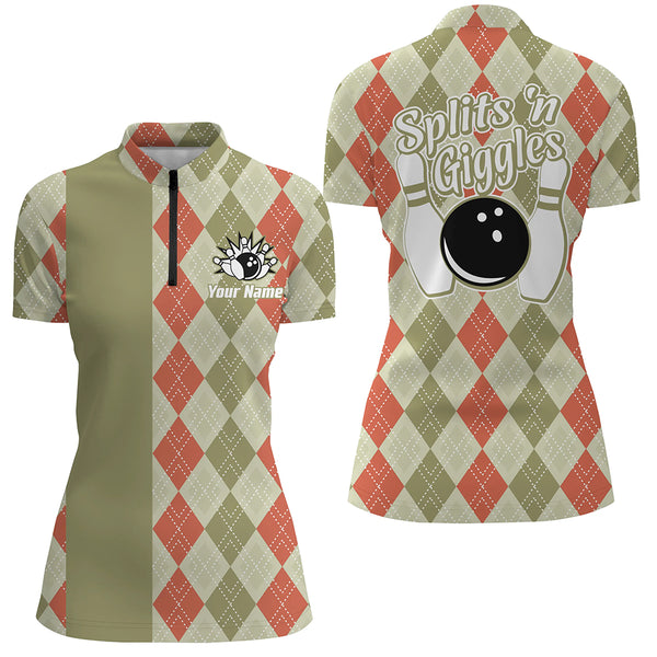 Splits 'n Giggles Women Bowling polo, 1/4 zip Shirt Personalized argyle pattern retro bowling Jerseys NQS9030