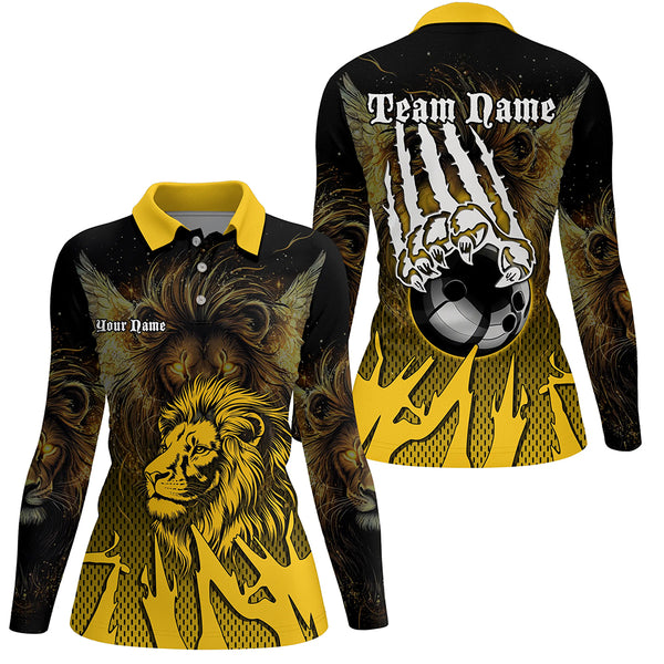 Black and Yellow Lion Bowling Polo, Quarter Zip Shirts For Women Custom Team Lion Bowling Jerseys NQS9034