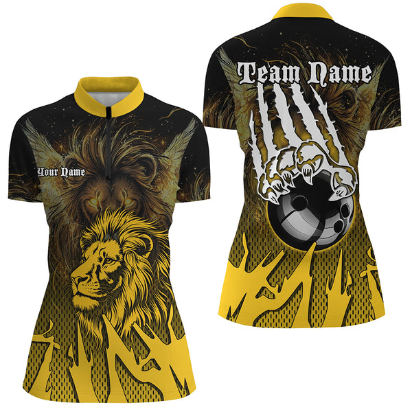 Black and Yellow Lion Bowling Polo, Quarter Zip Shirts For Women Custom Team Lion Bowling Jerseys NQS9034