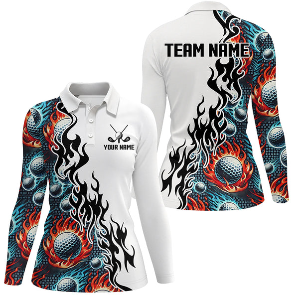 Flame Golf Ball pattern fire White Womens golf polos shirts custom golf attire for women NQS9270