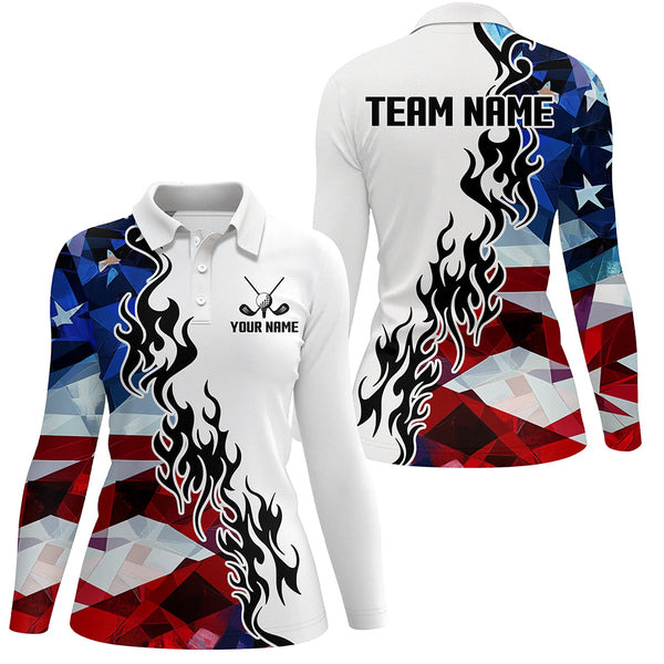 American Flag Fire Flame White Womens golf polos shirts custom patriotic golf attire for women NQS9271